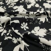 White and black floral viscose fabric – soft drapey material by yard (150 cm / 59″)