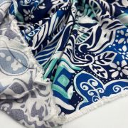 Blue white patterned viscose belmando fabric – soft drapey silk-feel material (150 cm / 59″)