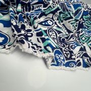Blue white patterned viscose belmando fabric – soft drapey silk-feel material (150 cm / 59″)