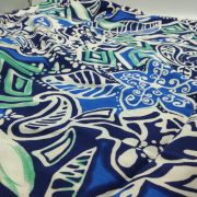 Blue white patterned viscose belmando fabric – soft drapey silk-feel material (150 cm / 59″)