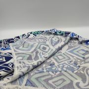Blue white patterned viscose belmando fabric – soft drapey silk-feel material (150 cm / 59″)