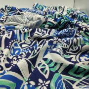 Blue white patterned viscose belmando fabric – soft drapey silk-feel material (150 cm / 59″)