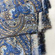 Paisley viscose fabric by the yard – blue & beige lightweight drapey fabric for dresses