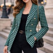 Green houndstooth bouclé fabric by the yard, textured tweed material for jackets & dresses
