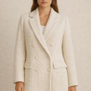 100% cotton ecru color tweed fabric, winter textured woven material for jackets coats dresses, 140 cm width, cozy breathable natural fabric
