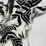 Black white leaf cotton viscose fabric – drapey lightweight material by yard (150 cm / 59″)