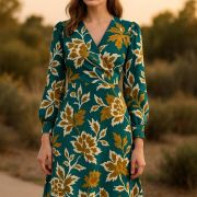 Teal mustard floral cotton viscose fabric – soft drapey material by yard (150 cm / 59″)