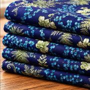 Navy blue botanical orchid viscose cotton fabric by the yard, mimosa fern pattern dressmaking textile, premium floral apparel material 150cm