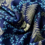 Navy blue botanical orchid viscose cotton fabric by the yard, mimosa fern pattern dressmaking textile, premium floral apparel material 150cm