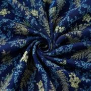 Navy blue botanical orchid viscose cotton fabric by the yard, mimosa fern pattern dressmaking textile, premium floral apparel material 150cm