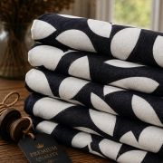 Black white bold leaf viscose cotton fabric by the yard, large abstract botanical dressmaking material, fluid drape apparel textile 150cm