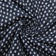 Navy blue viscose cotton blend fabric by the yard, rayon mini leaf print dressmaking material, soft drape apparel textile 150cm wide