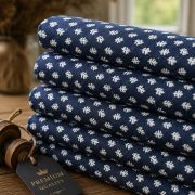 Navy blue viscose cotton blend fabric by the yard, rayon mini leaf print dressmaking material, soft drape apparel textile 150cm wide