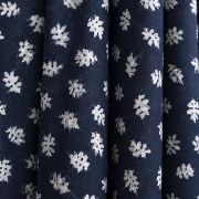 Navy blue viscose cotton blend fabric by the yard, rayon mini leaf print dressmaking material, soft drape apparel textile 150cm wide