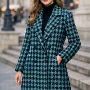 Houndstooth tweed fabric – luxury woven black & mint pattern for jackets | 59” wide