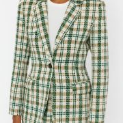 Green beige plaid tweed fabric by the yard – soft textured material | 150 cm width