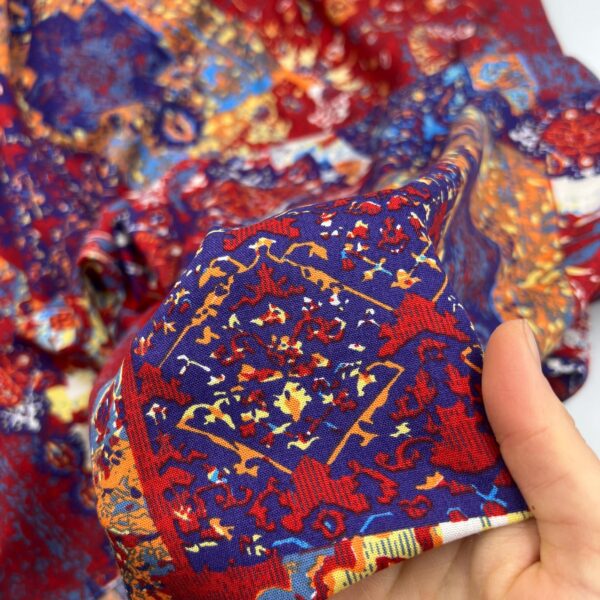 Viscose Fabric – Navy Red Ethnic Print Soft Drapey Material for Dresses, Blouses, Skirts & Scarves | 150 cm Width