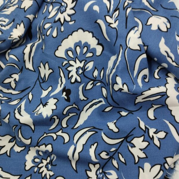 Blue Floral Viscose Cotton Fabric by the Yard, Soft Drapey Dress and Skirt Fabric, (150 cm / 59") Wide