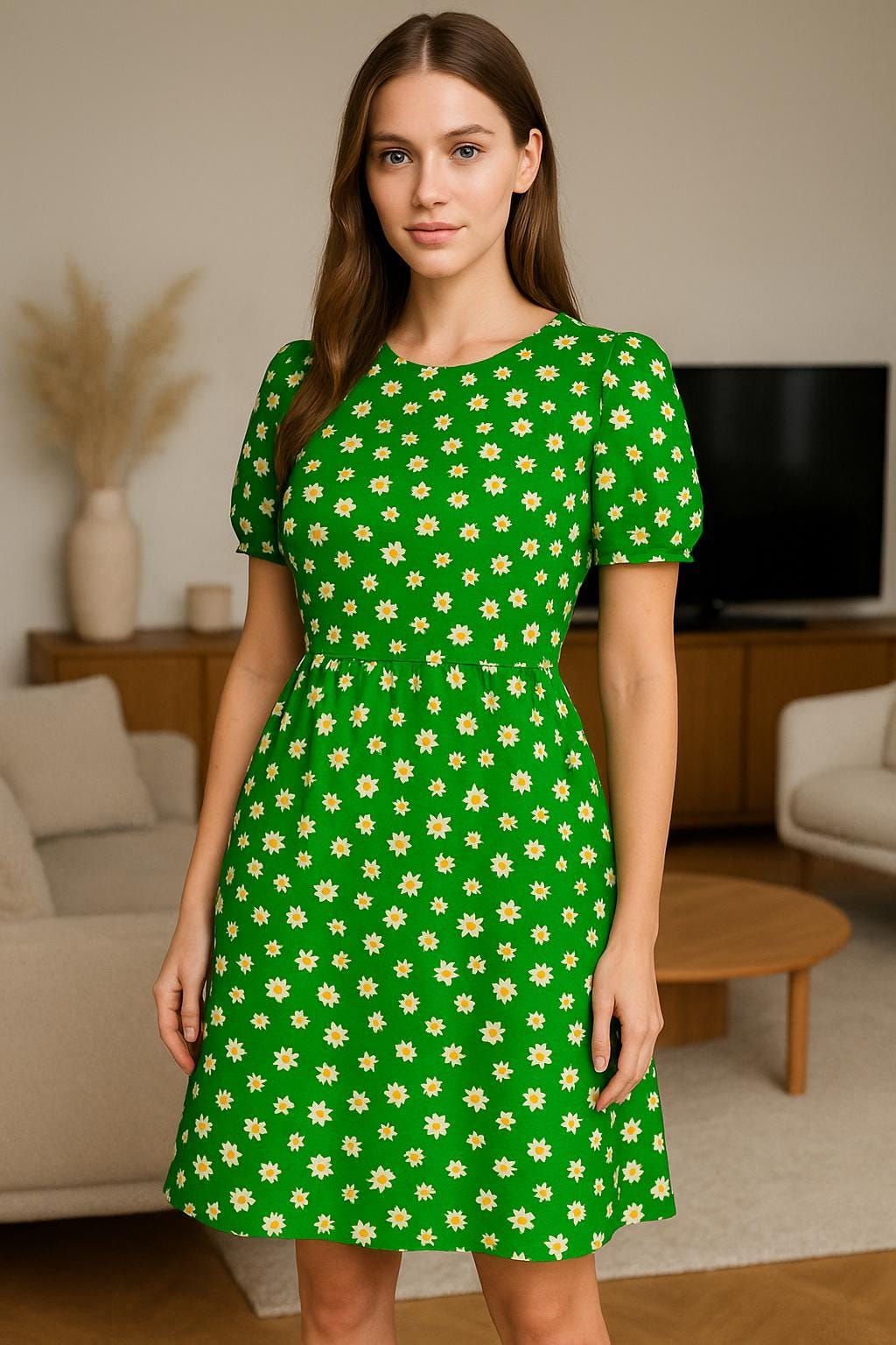 Green Daisy Floral Viscose Cotton Fabric by the Yard, Soft Summer Dress Fabric, (150 cm / 59") Wide, Sold by the Meter – view 4