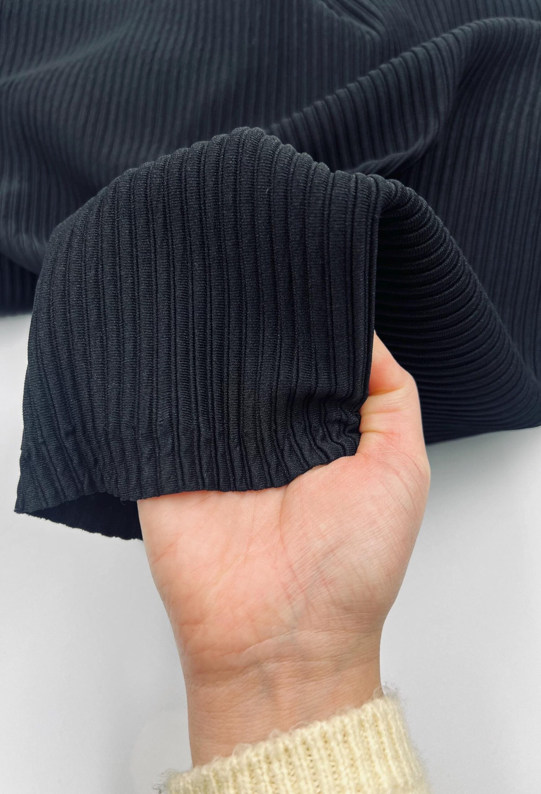 Black Ribbed Knit Fabric by the Yard, 4 Way Stretch Lycra Dress Top Pants Fabric, (150 cm / 59") Wide – view 7