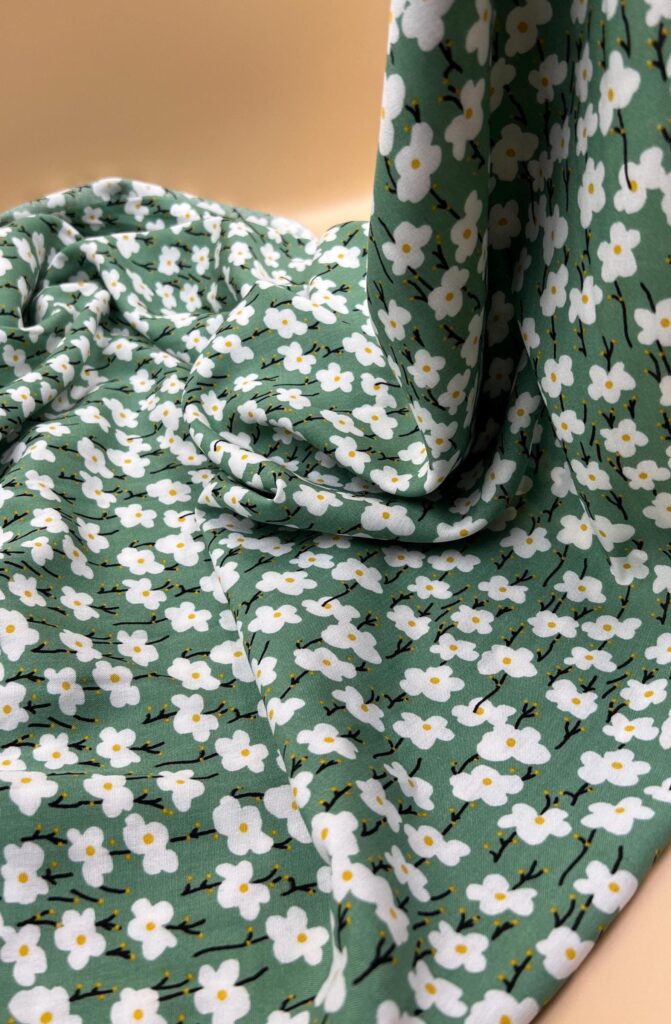 Green Floral Cotton Viscose Fabric by the Yard, Soft Drapey Dress and Skirt Fabric, (150 cm / 59") Wide