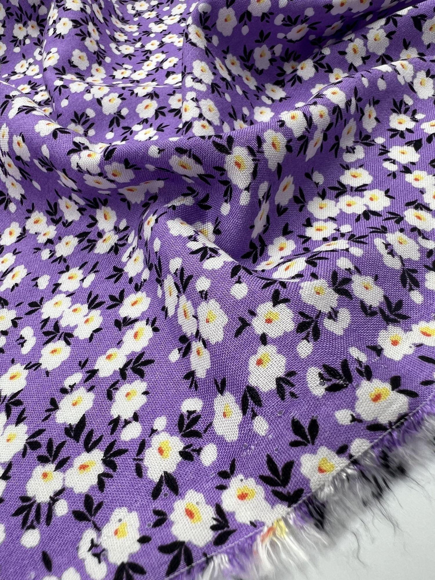 Lilac Flower Viscose Cotton Fabric by the Yard, Lightweight Baby and Summer Fabric, (150 cm / 59") Wide