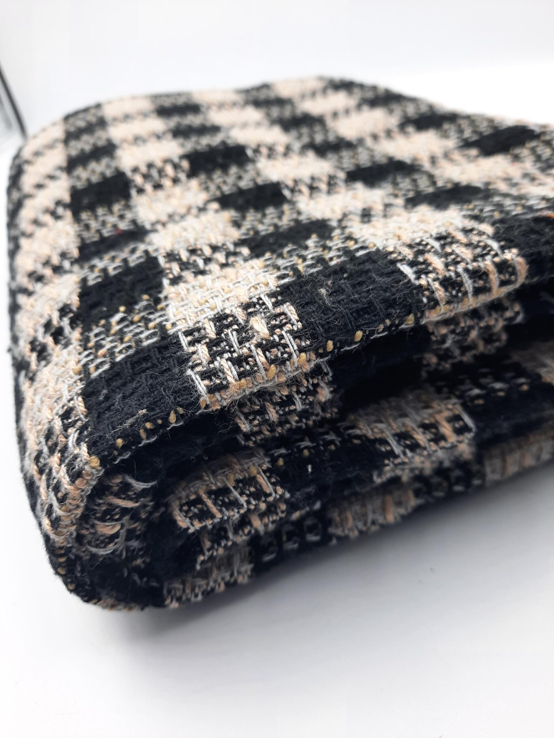 Black Beige Check Tweed Suit Fabric, Chunky Checkerboard Boucle 500g Winter Coating Sold by the Meter for Jacket Skirt Coat Sewing