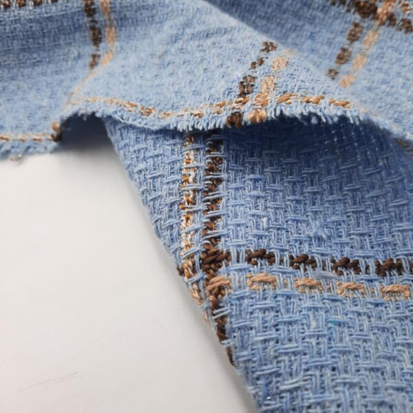Sky Blue Windowpane Tweed Fabric, Powder Blue Boucle with Brown Camel Check Lines, 500g Heavy Wool Blend Winter Coating Sold by the Meter