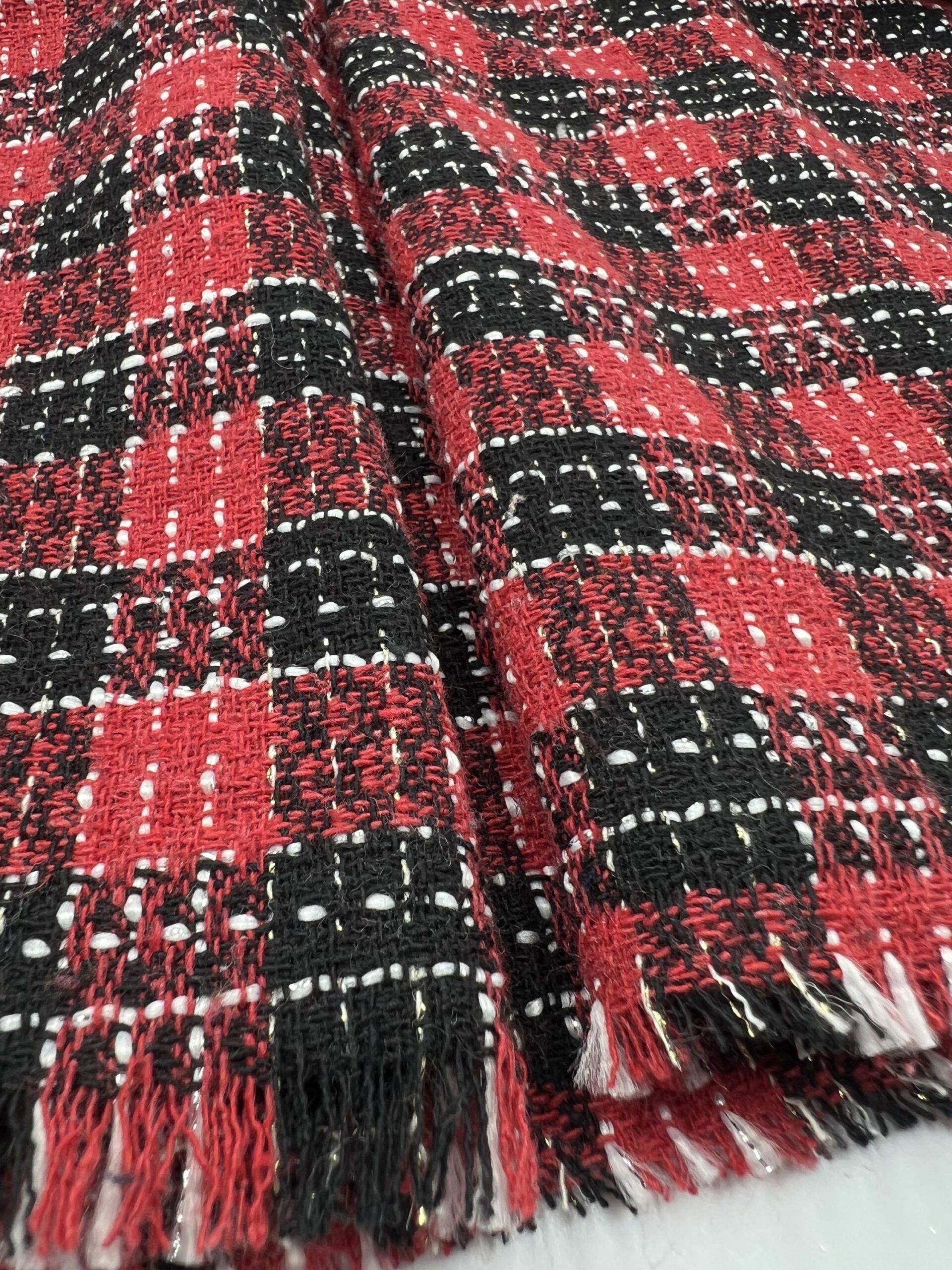 Red Black Buffalo Check Tweed Fabric, Bold Plaid Boucle with White Stitch 500g Winter Weight per Meter, Lumberjack Tartan for Coat Jacket – view 6