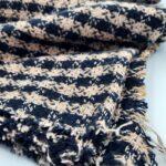 Navy Beige Mini Check Tweed Fabric, Tan Blue Gingham Wool Blend 500g Winter Coating per Meter, Classic Fringed Boucle for Blazer Coat Skirt