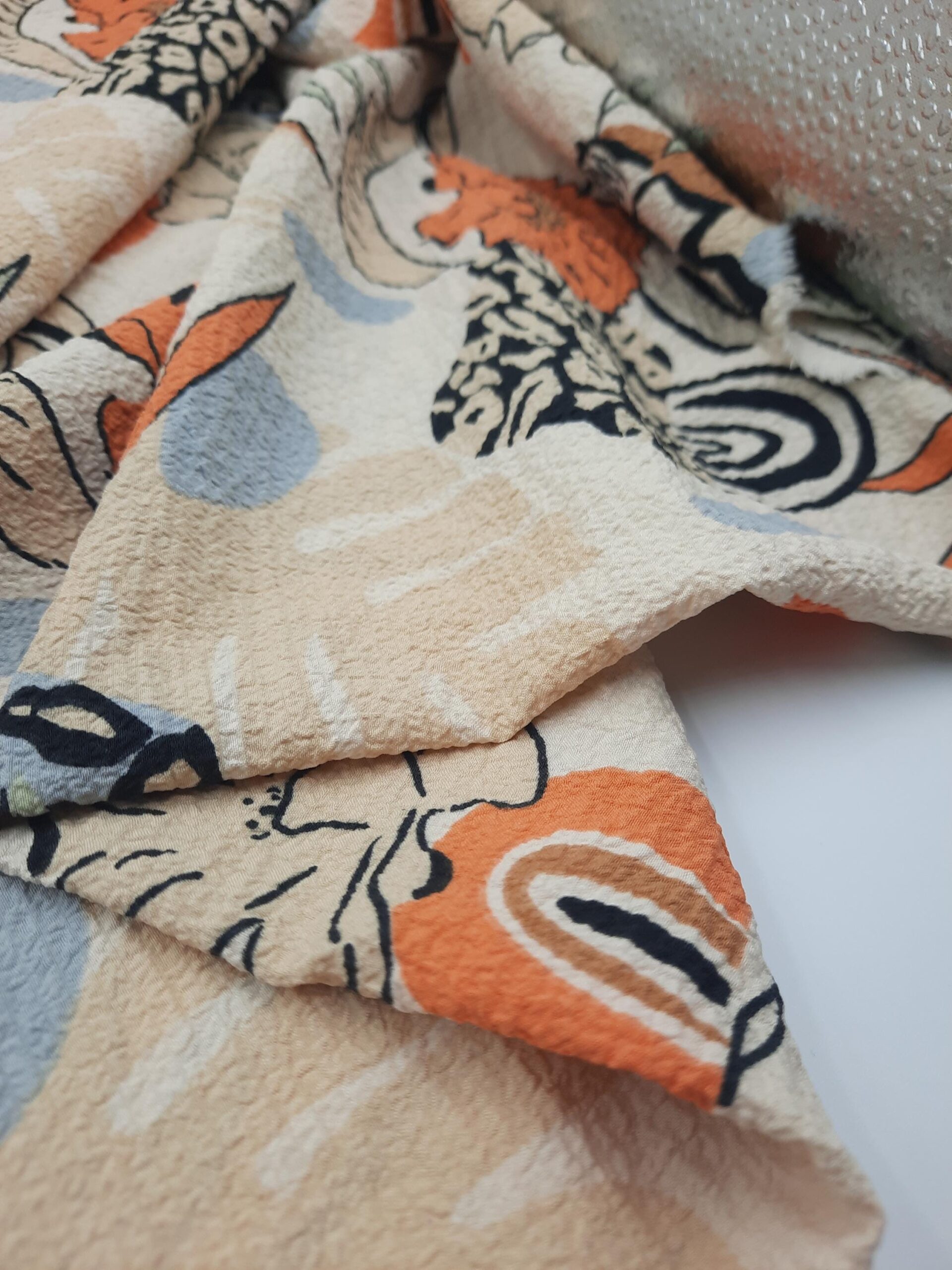 Cream Abstract Floral Crinkle Crepe by the Meter, Orange Blue Black Brushstroke Print Gofre Fabric 150g Lightweight Polyester for Dress