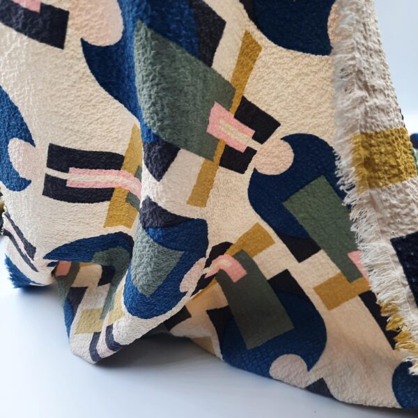 Bauhaus Geometric Print Seersucker Fabric, Navy Olive Mustard Pink Abstract Shapes Puckered Gofre Crepe 150g Lightweight Polyester per Meter