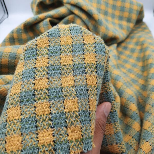 Teal Mustard Gingham Tweed by the Meter, Ocean Blue Gold Mini Check Wool Blend, Soft Brushed 500g Winter Fabric for Blazer Skirt Dress