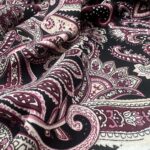 Burgundy Plum Paisley Viscose Fabric, Wine Pink Bandana Print on Black Rayon Challis 190g Sold by the Meter, Flowy Boho Dress Blouse Fabric
