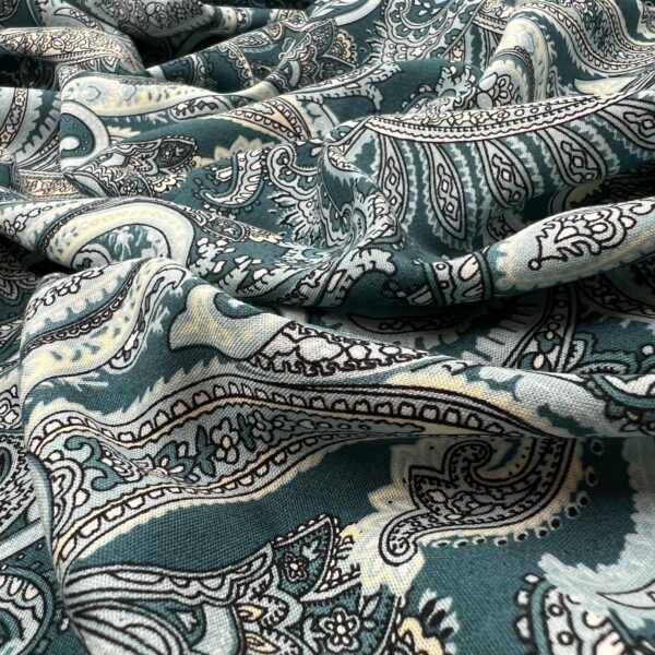 Teal Green Paisley Viscose Fabric, Cream Bandana Print on Petrol Rayon Challis 190g by the Meter, Soft Flowy Boho Dress Blouse Fabric 150 cm
